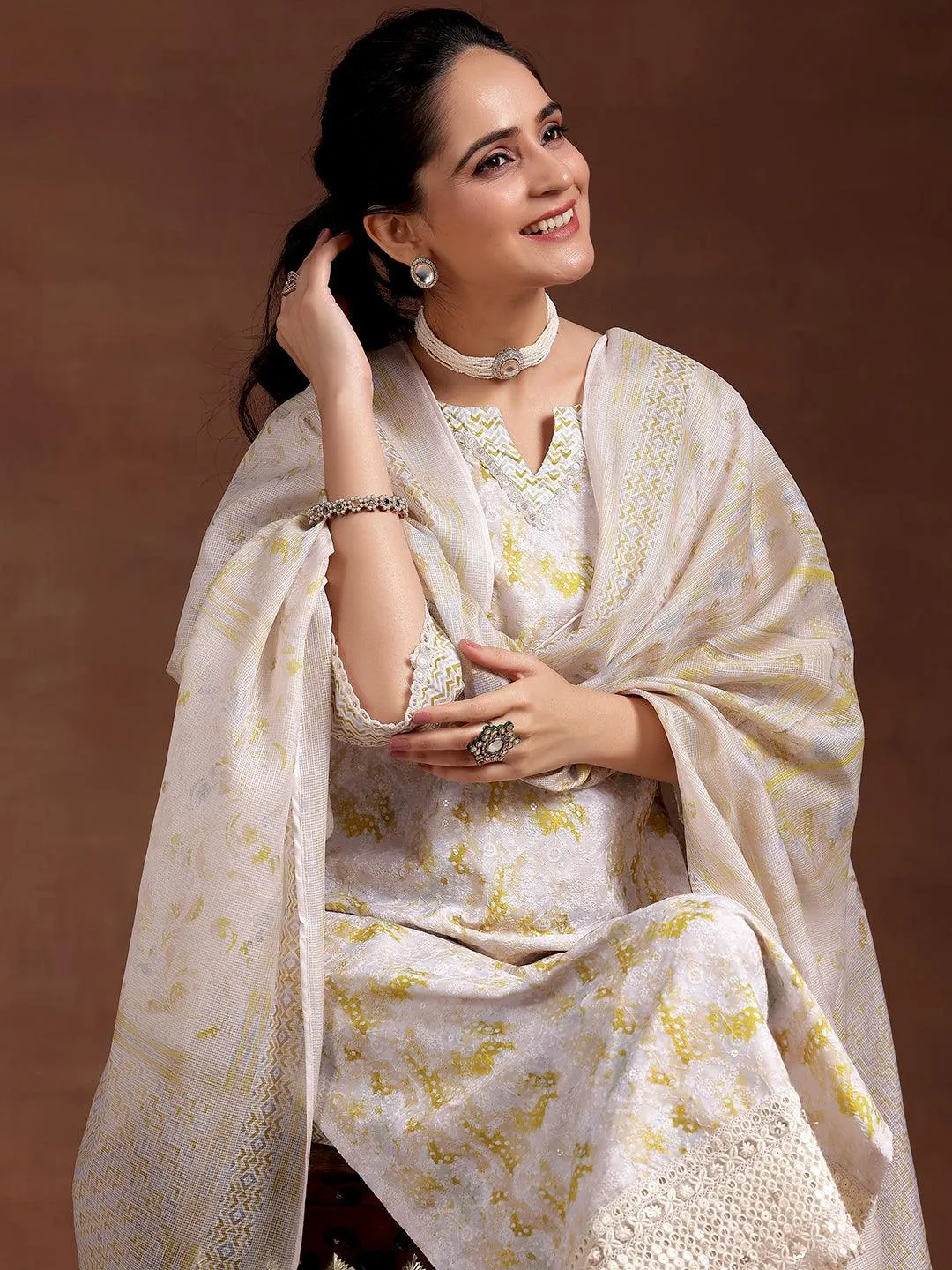 Beige Embroidered Cotton Blend Straight Suit With Dupatta