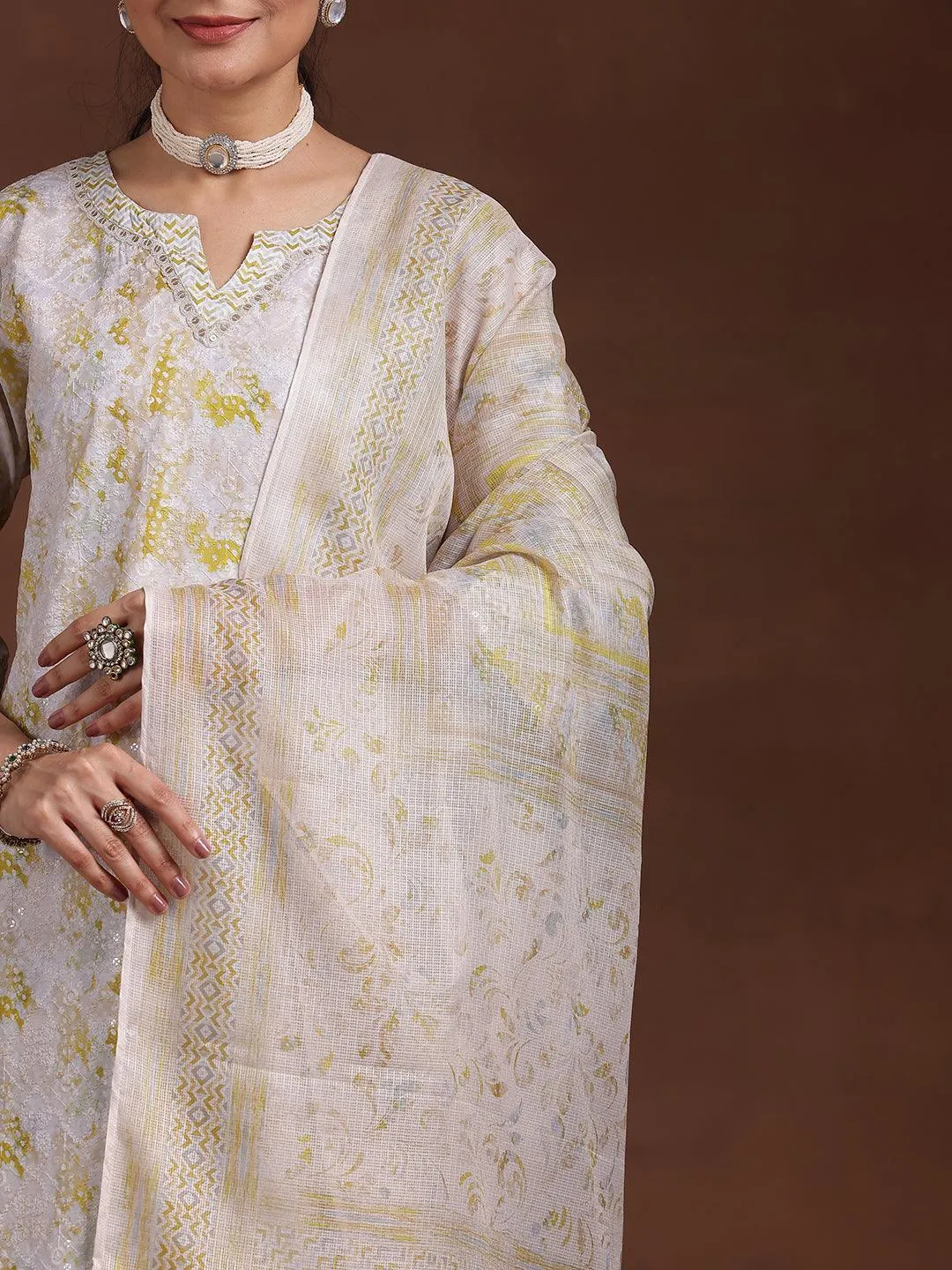 Beige Embroidered Cotton Blend Straight Suit With Dupatta