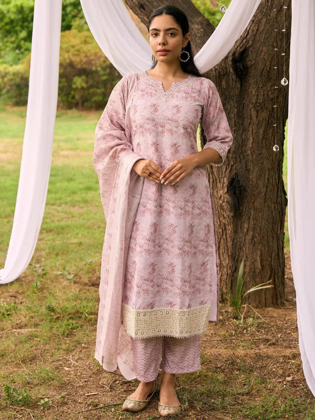 Beige Embroidered Cotton Blend Straight Suit With Dupatta