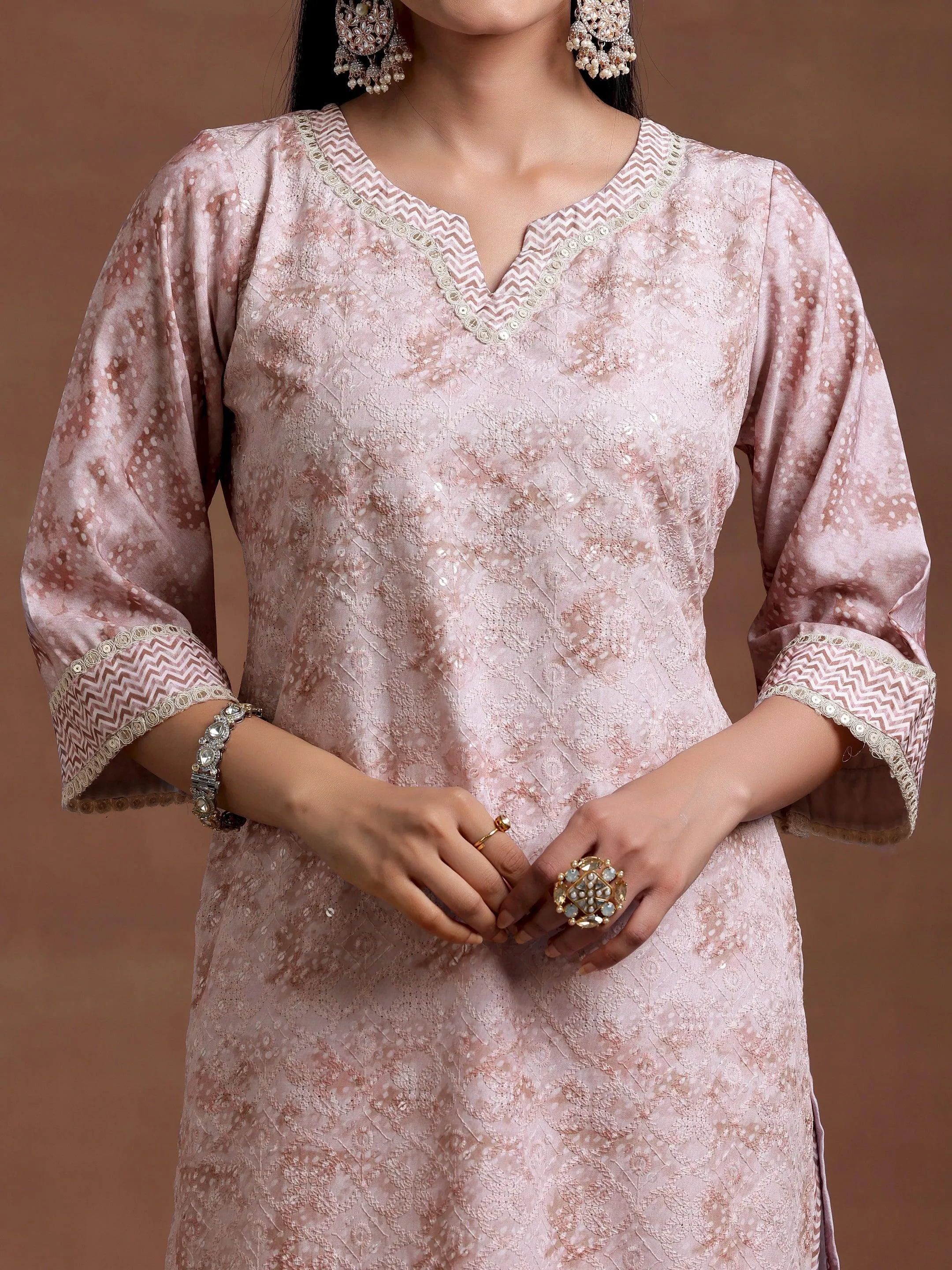 Beige Embroidered Cotton Blend Straight Suit With Dupatta