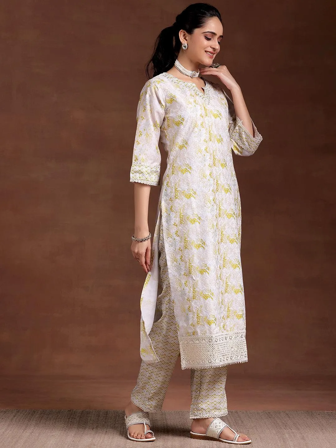 Beige Embroidered Cotton Blend Straight Suit With Dupatta