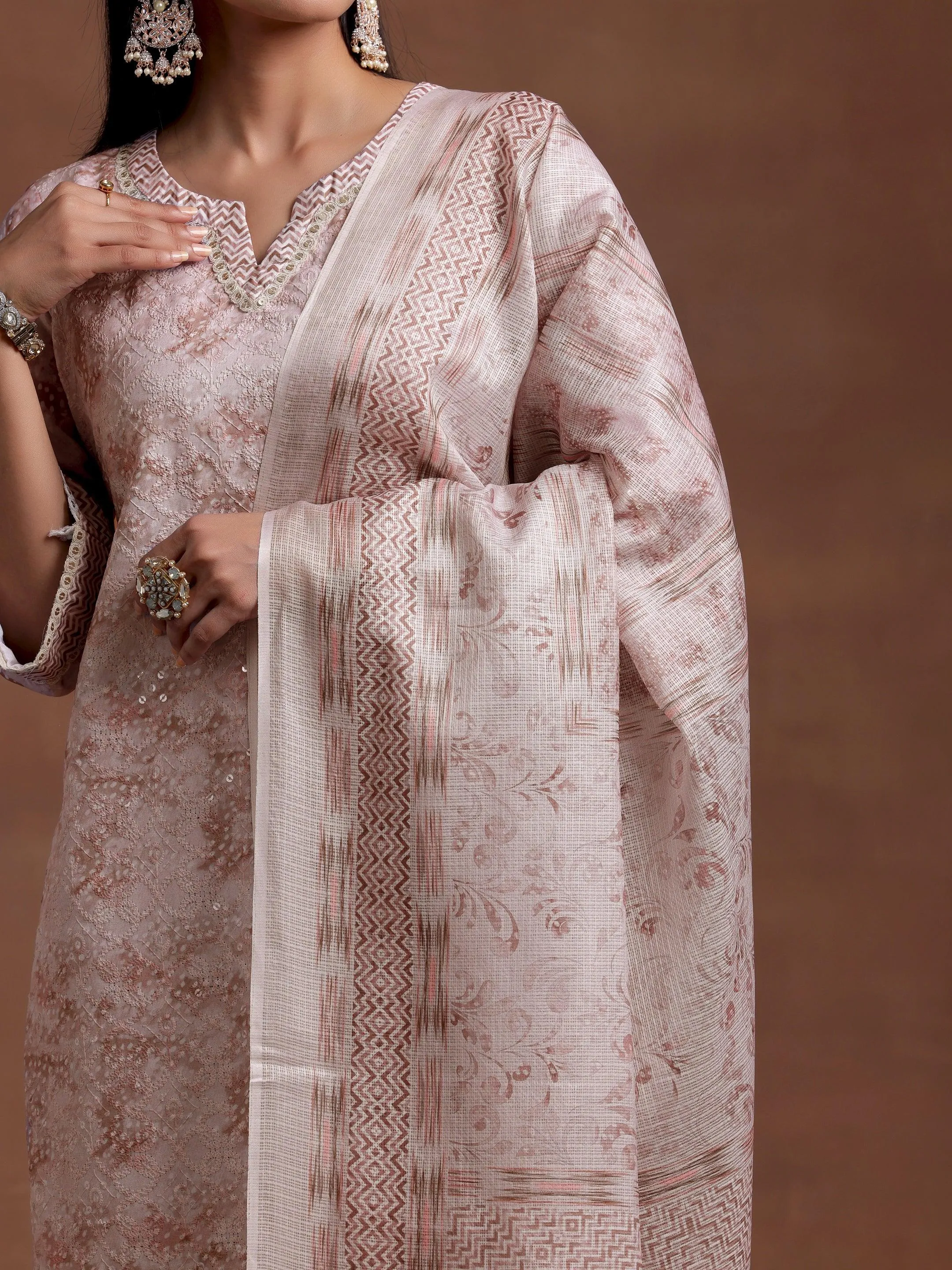 Beige Embroidered Cotton Blend Straight Suit With Dupatta