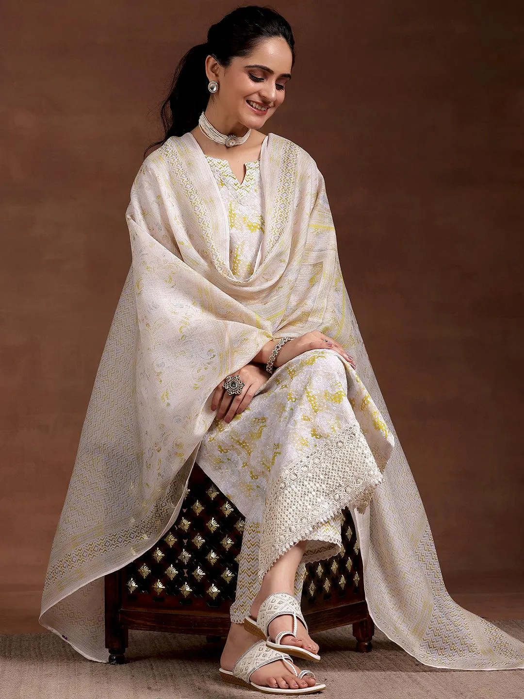 Beige Embroidered Cotton Blend Straight Suit With Dupatta