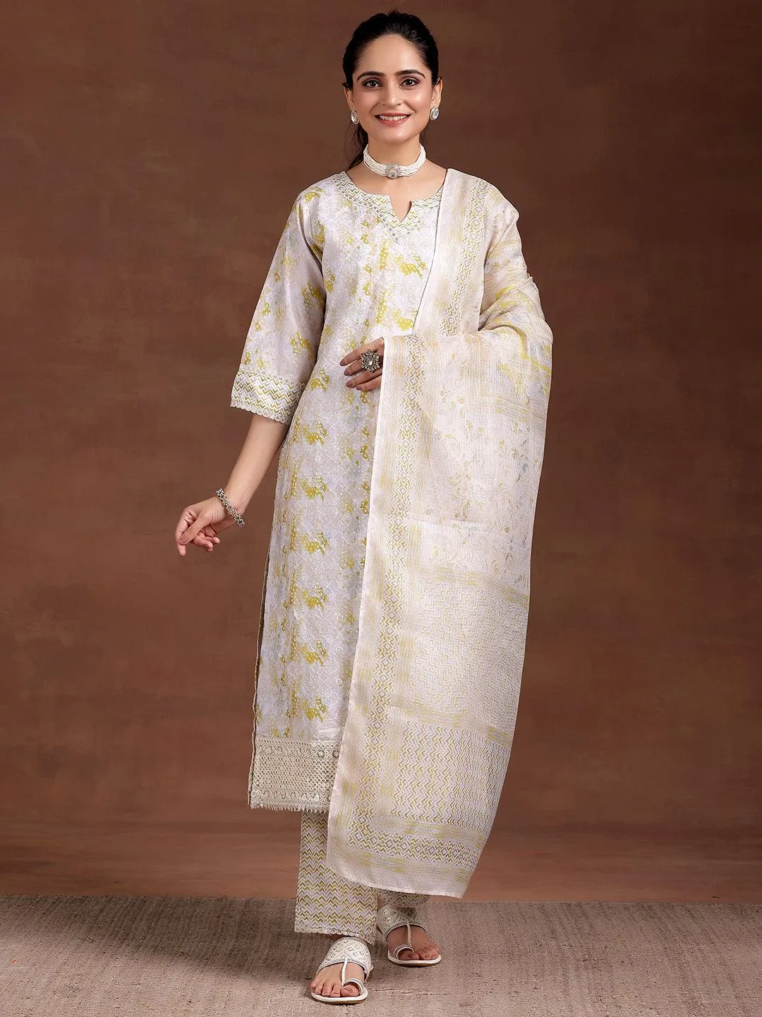 Beige Embroidered Cotton Blend Straight Suit With Dupatta