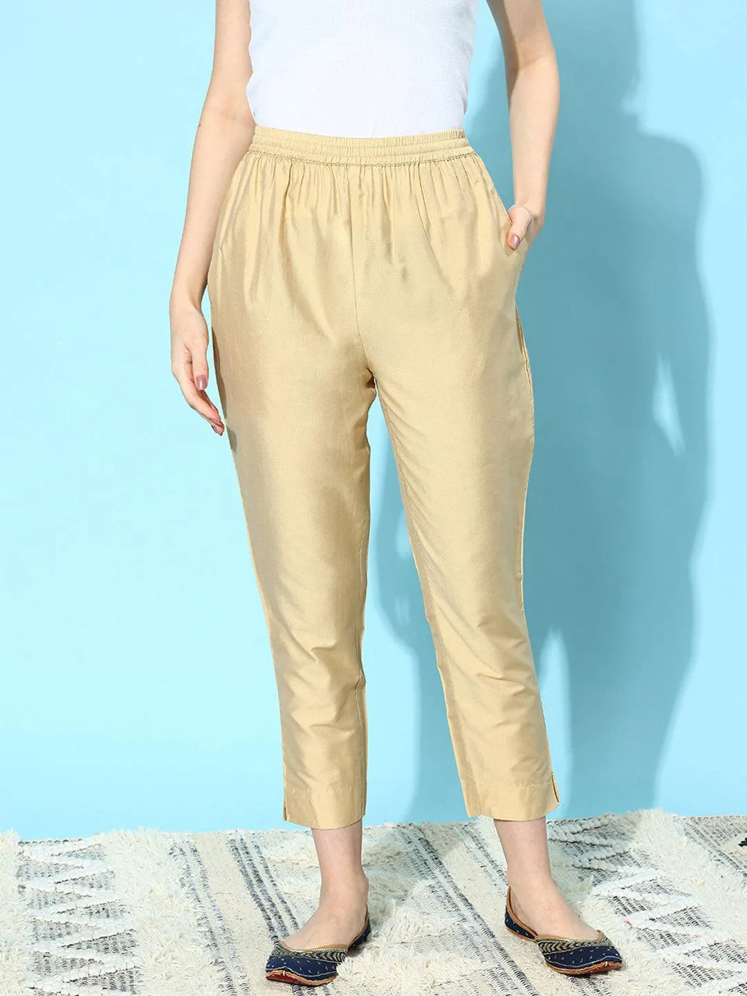 Beige Solid Silk Trousers