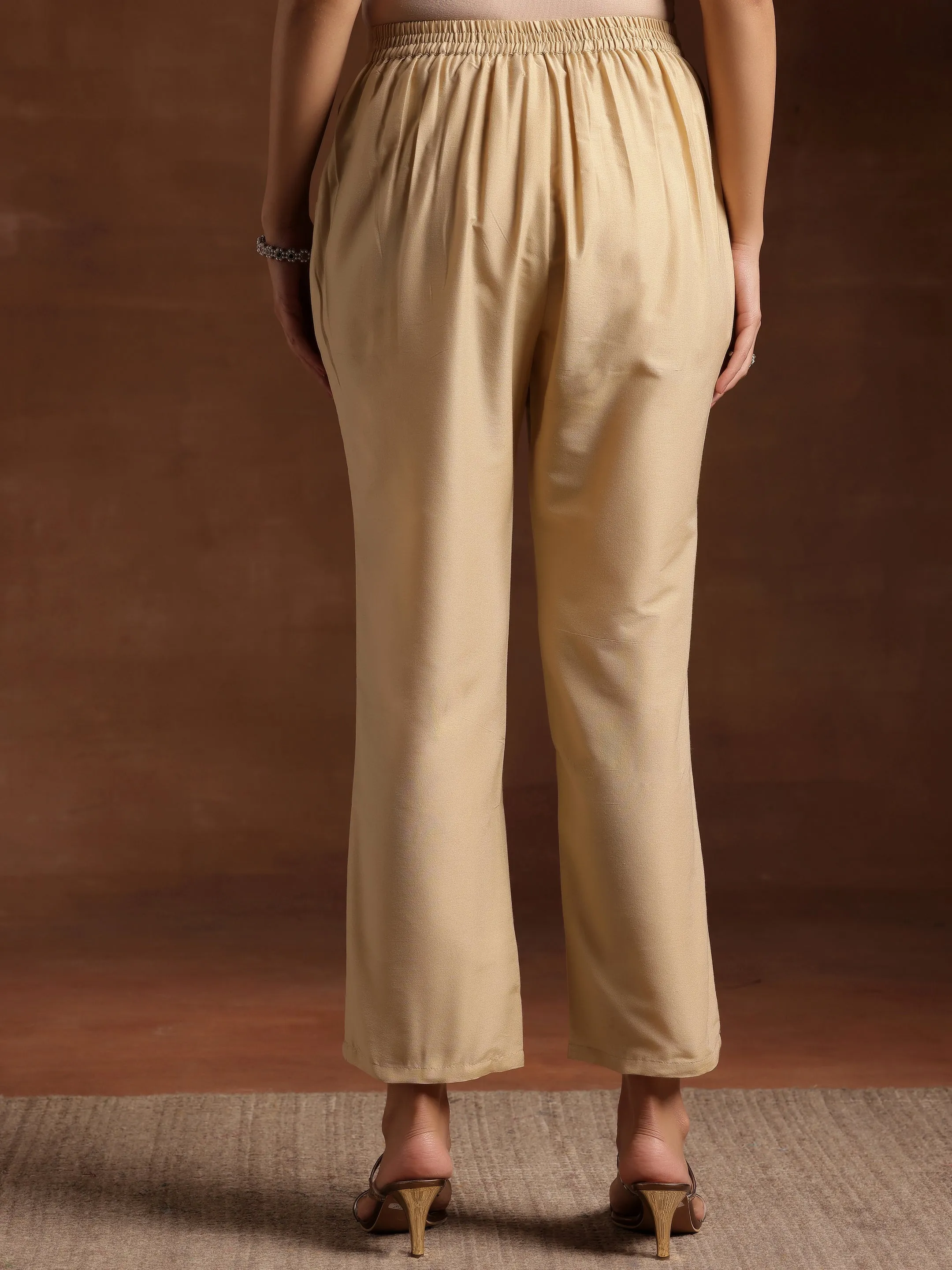 Beige Solid Silk Trousers