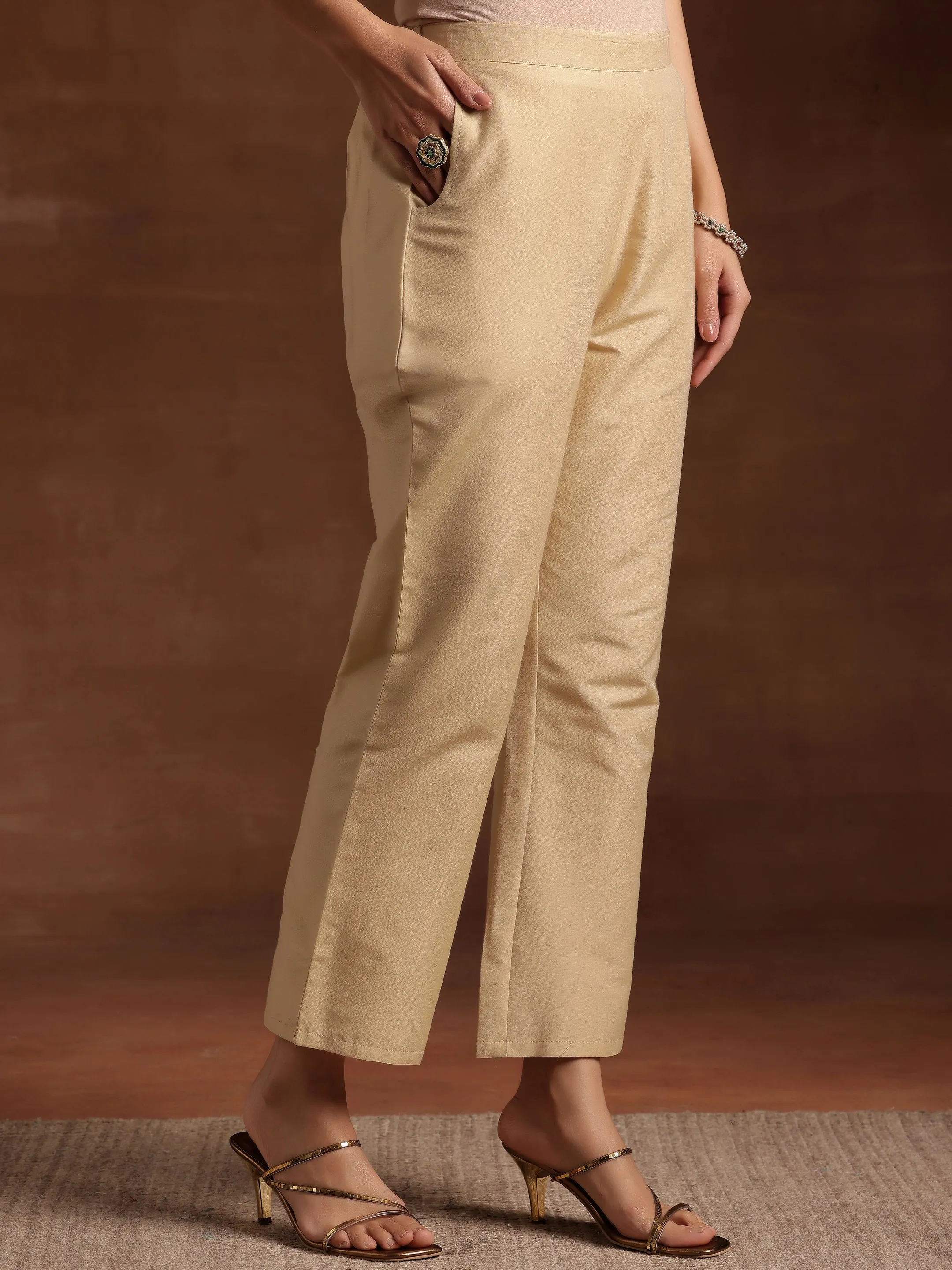 Beige Solid Silk Trousers