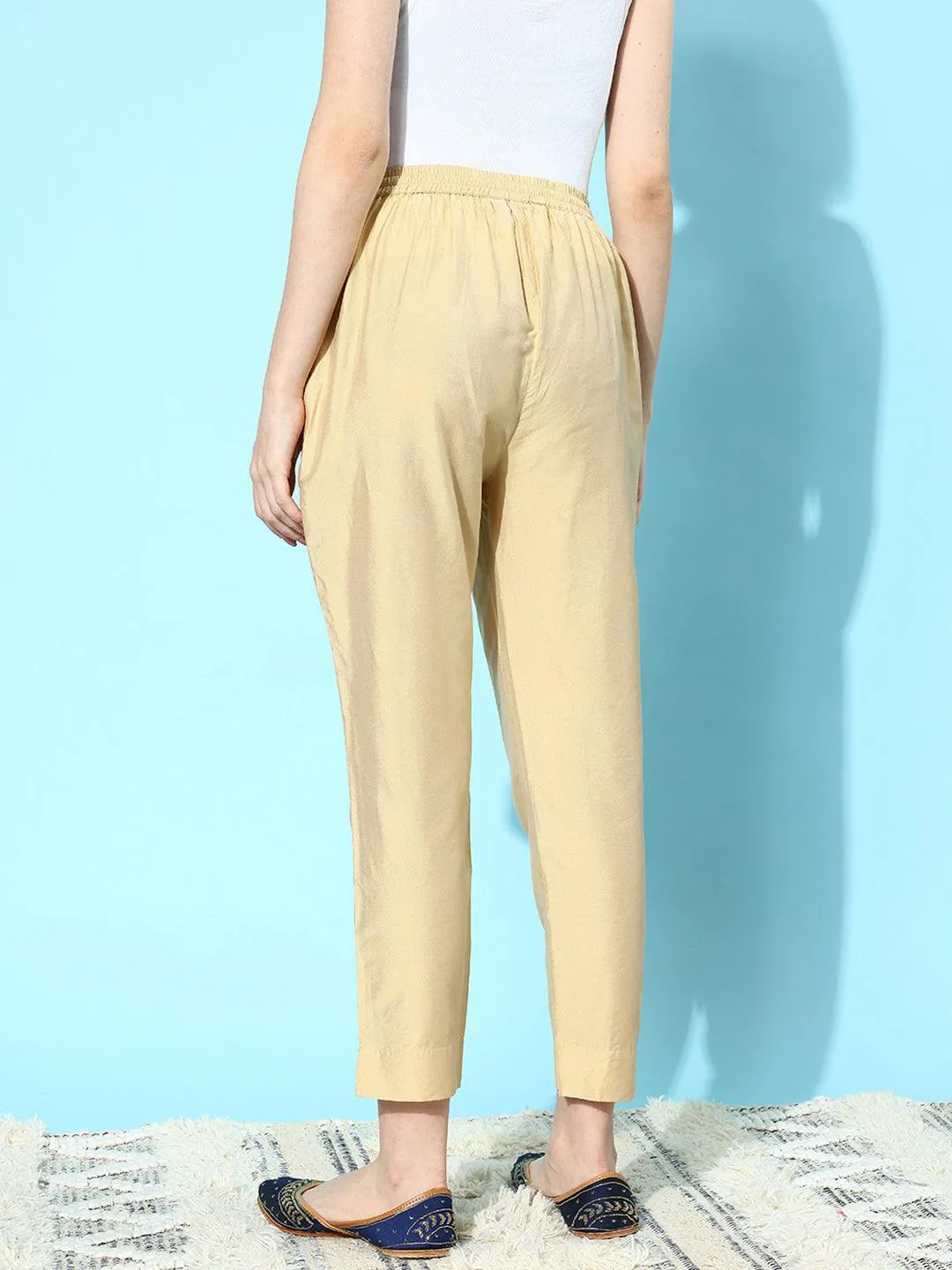 Beige Solid Silk Trousers