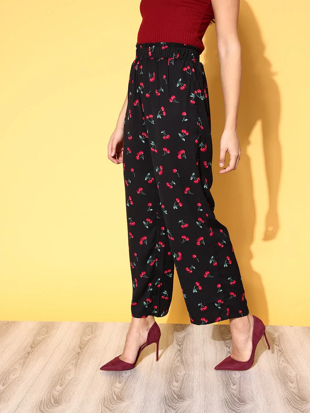 Berrylush Women Black & Red Cherry Printed Loose-Fit High-Rise Paperbag Waist Trousers