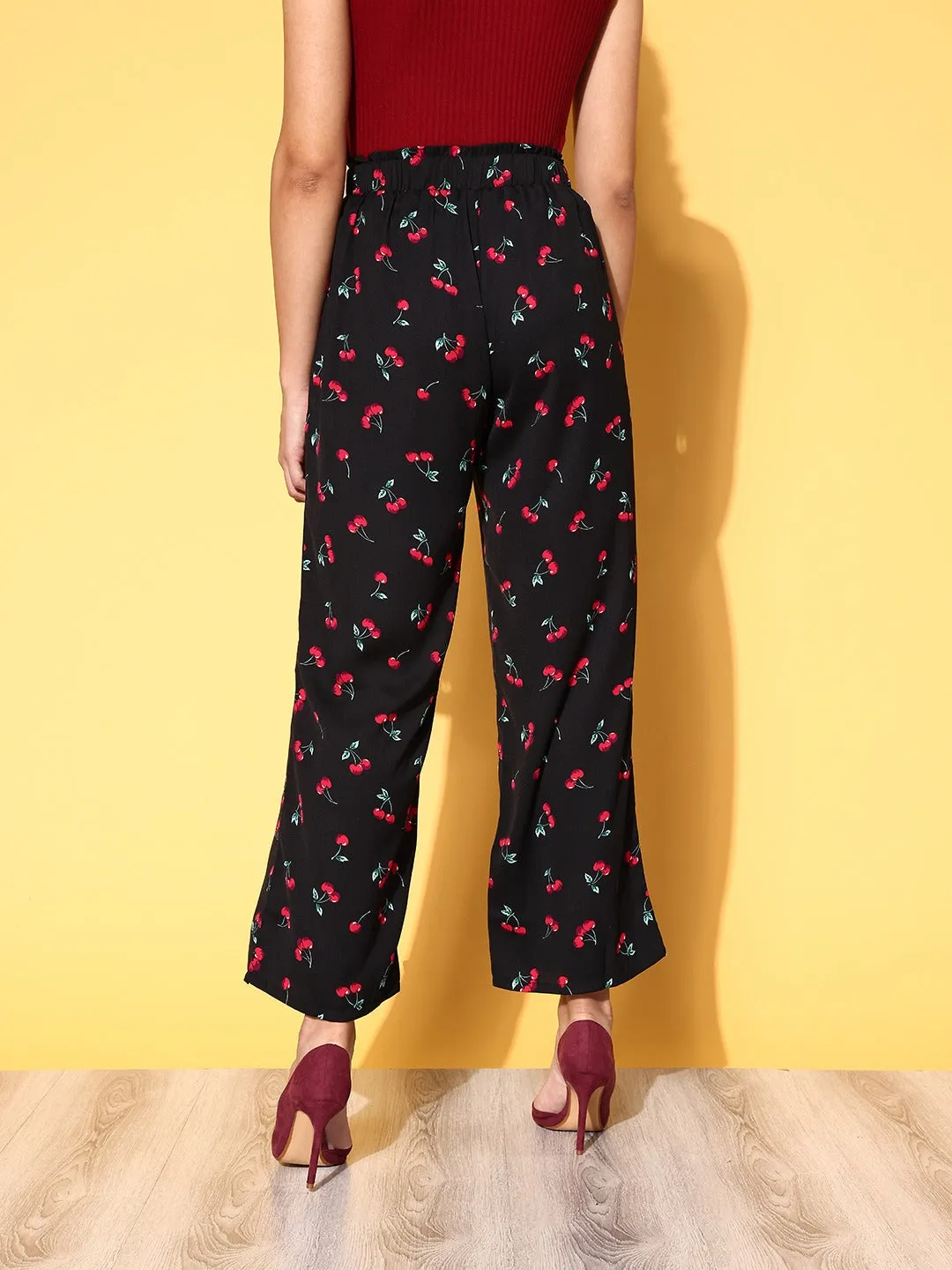 Berrylush Women Black & Red Cherry Printed Loose-Fit High-Rise Paperbag Waist Trousers