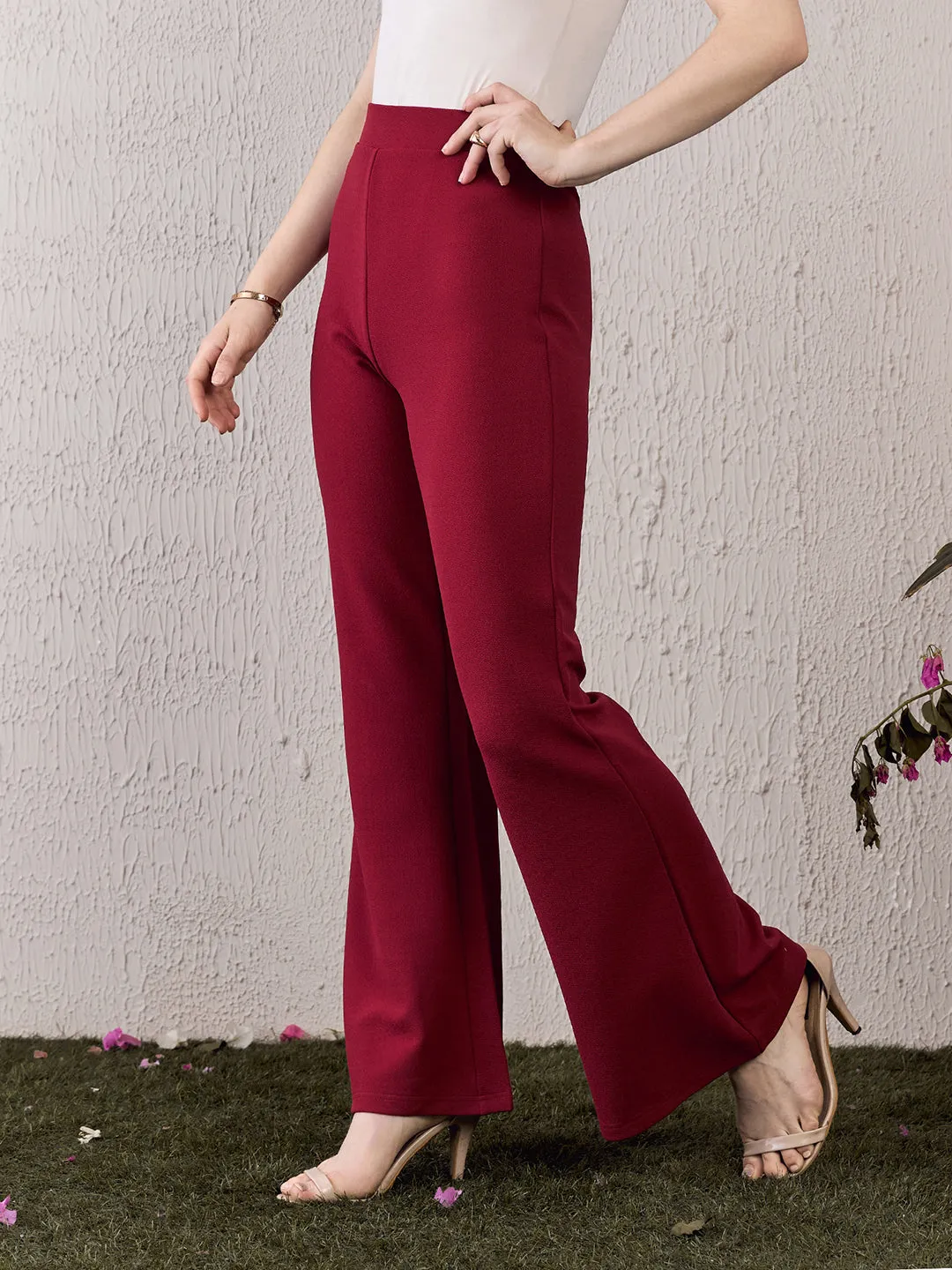 Berrylush Women Solid Red High-Rise Waist Front-Flat Pleat Wide-Leg Knitted Regular Trousers