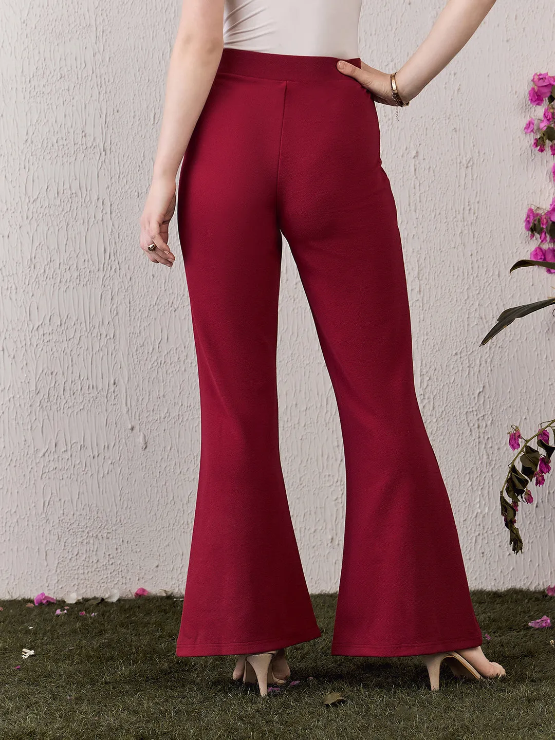 Berrylush Women Solid Red High-Rise Waist Front-Flat Pleat Wide-Leg Knitted Regular Trousers