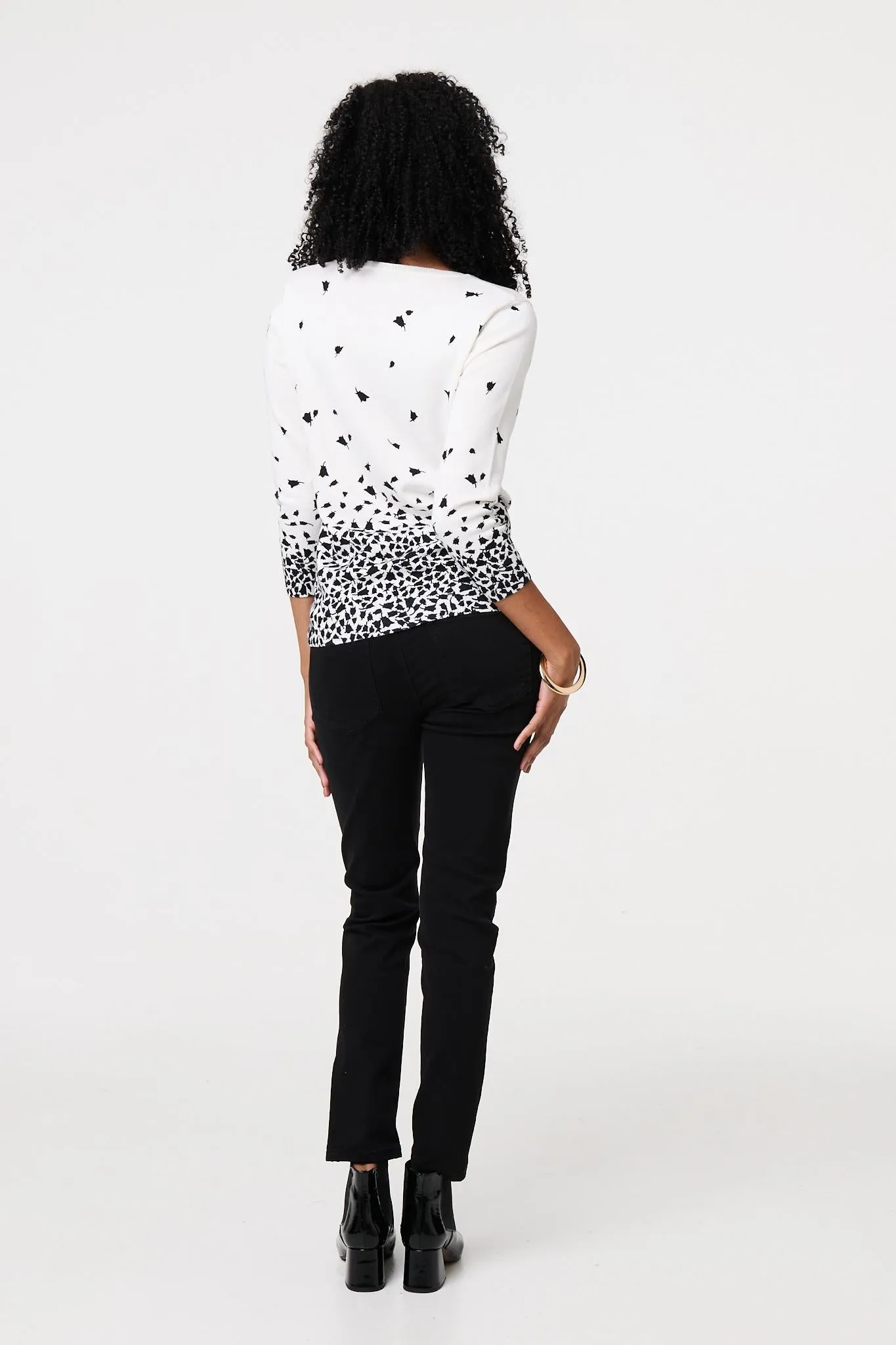 Bird Print 3/4 Sleeve Relaxed Knit Top