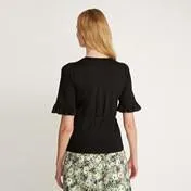 Black 1/2 Sleeve V-Neck Chiffon Frill Top