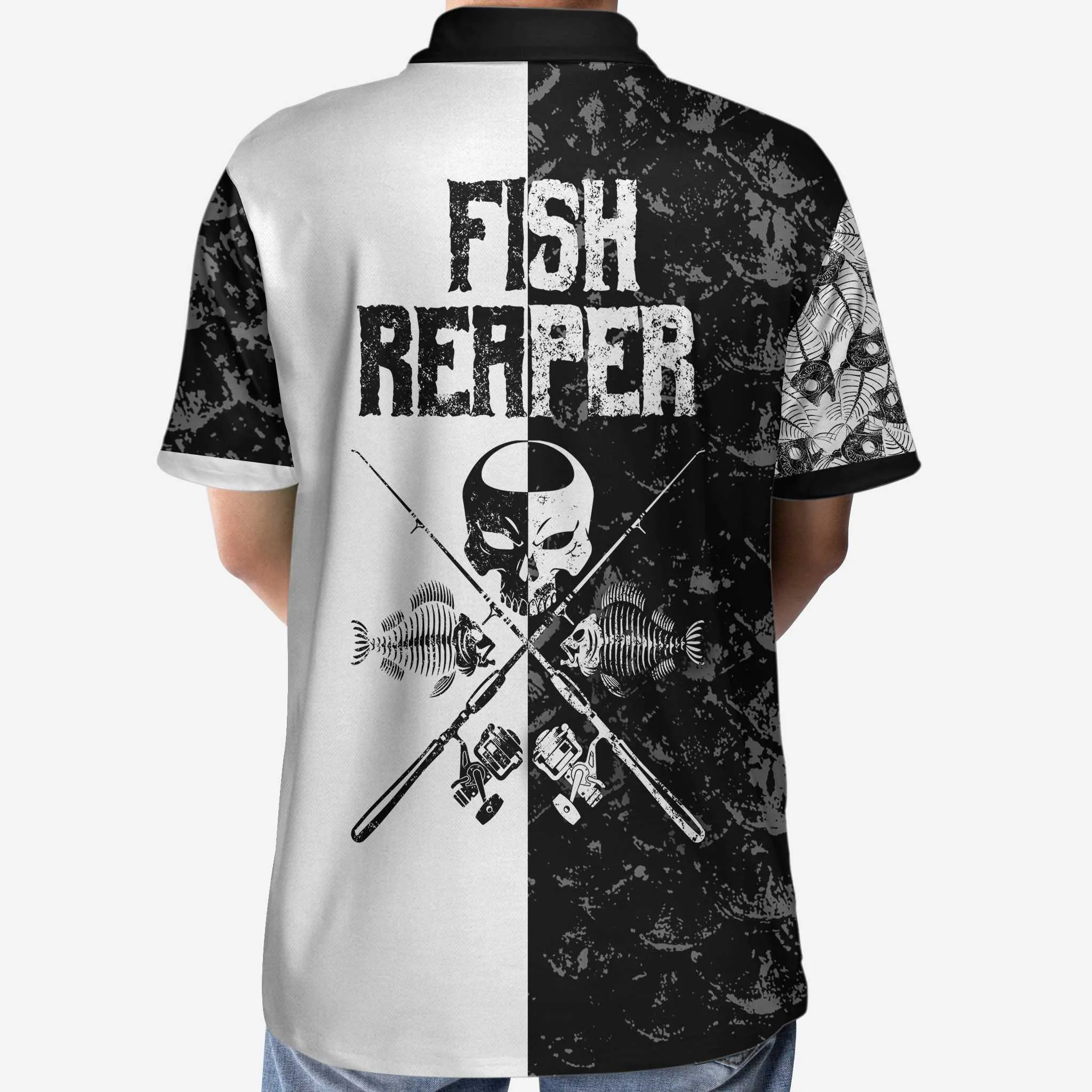 Black & White Fish Reaper With Grim Reaper Polo Shirt, Skull Polo Shirt, Best Fishing Shirt For Men