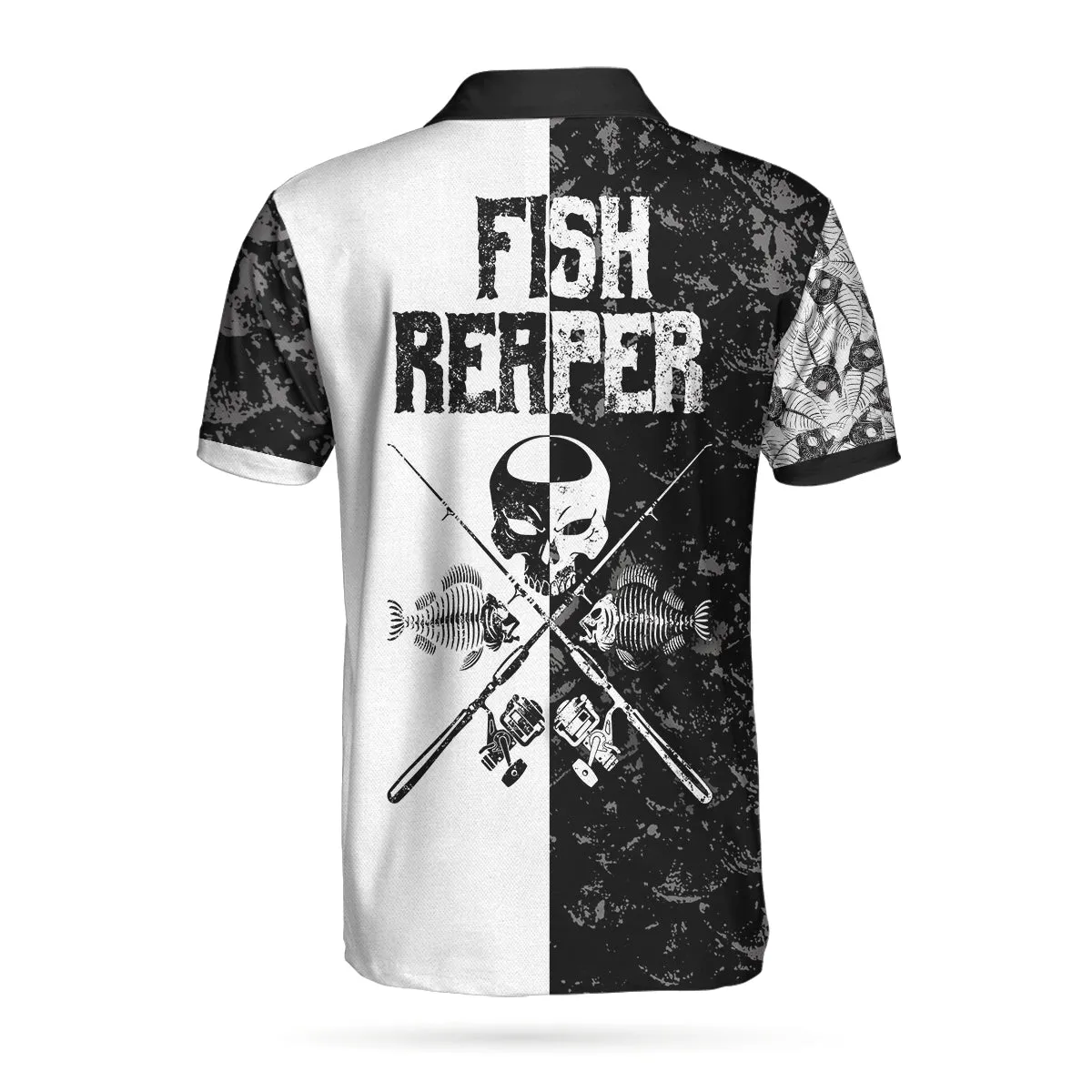 Black & White Fish Reaper With Grim Reaper Polo Shirt, Skull Polo Shirt, Best Fishing Shirt For Men