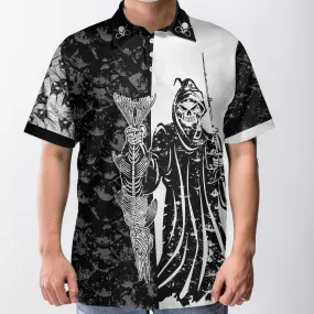 Black & White Fish Reaper With Grim Reaper Polo Shirt, Skull Polo Shirt, Best Fishing Shirt For Men