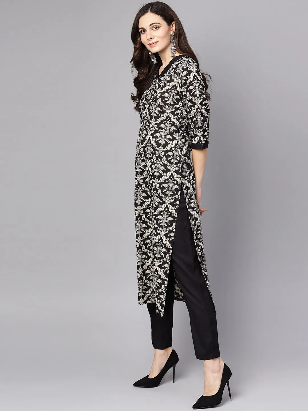 Black & White Floral Printed Kurta Set With Pants