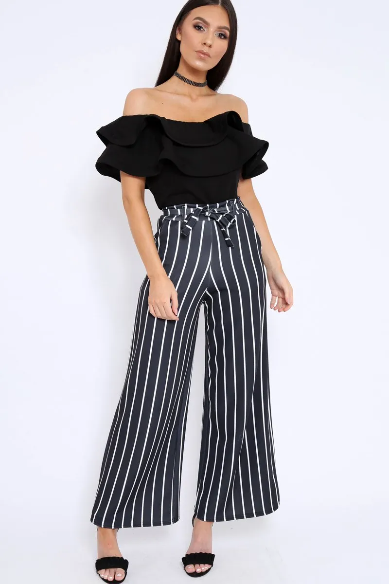 Black & White Stripe Tie Belt Trousers - Twisha