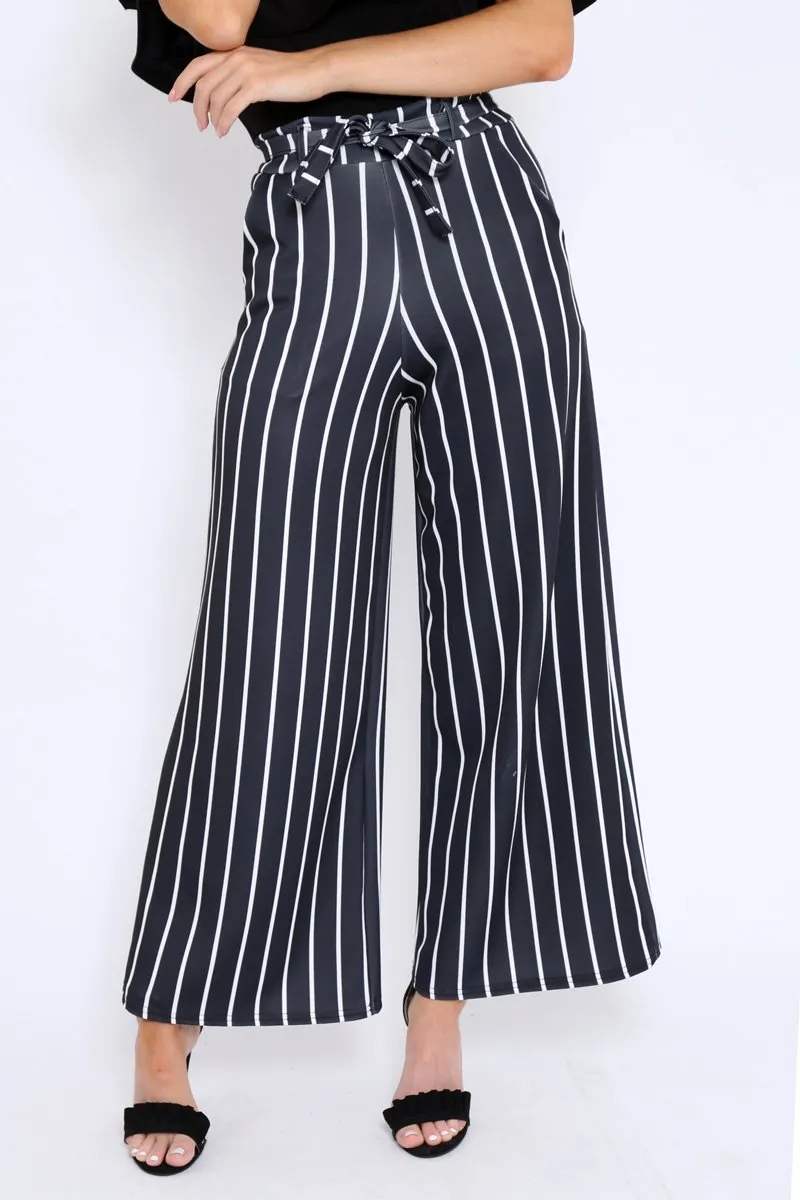 Black & White Stripe Tie Belt Trousers - Twisha