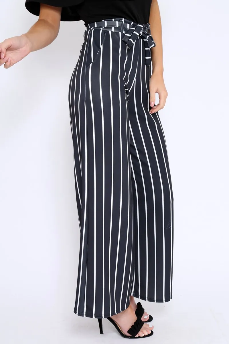 Black & White Stripe Tie Belt Trousers - Twisha