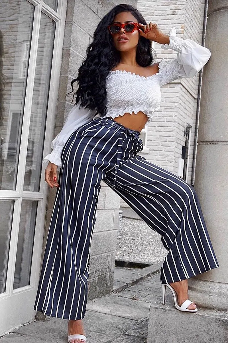 Black & White Stripe Tie Belt Trousers - Twisha