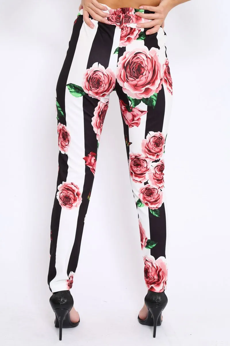 Black and White Striped Floral Tapered Trousers - Ledora