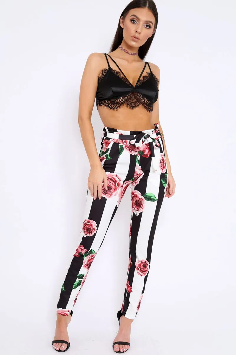 Black and White Striped Floral Tapered Trousers - Ledora