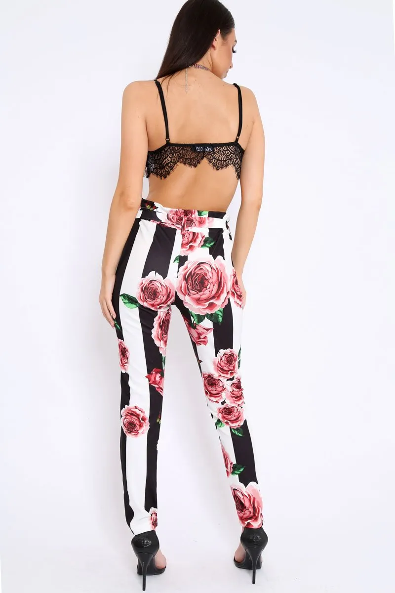 Black and White Striped Floral Tapered Trousers - Ledora