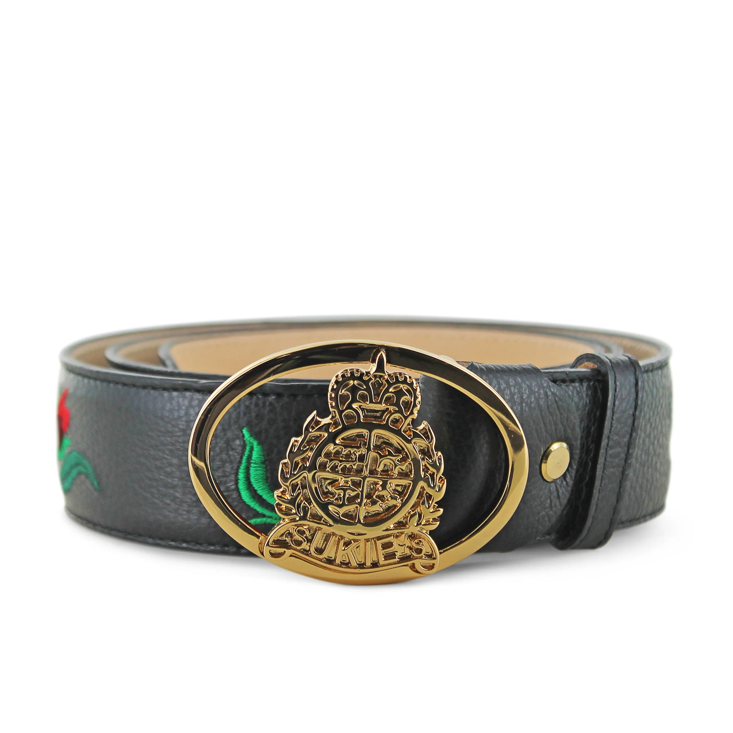 Black Calf Leather Rose Belt