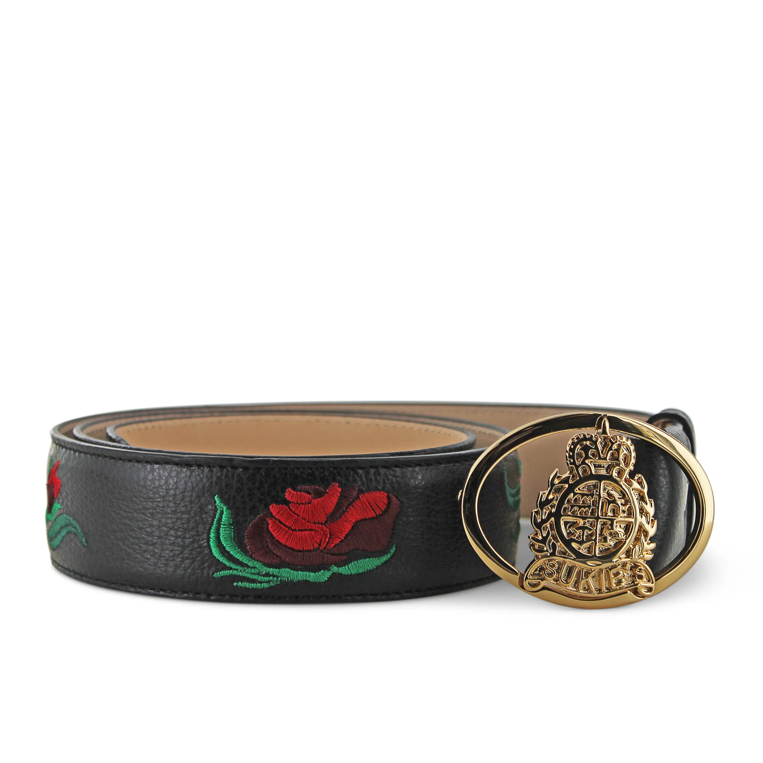 Black Calf Leather Rose Belt