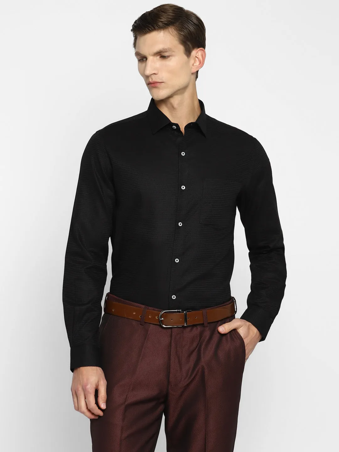 Black Cotton Self Design Slim Fit Formal Shirt