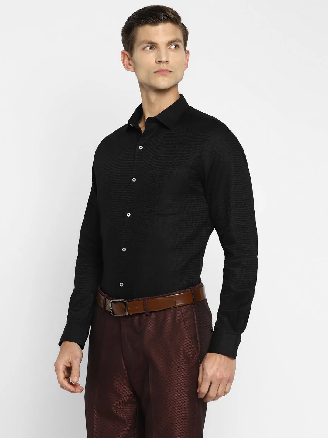 Black Cotton Self Design Slim Fit Formal Shirt