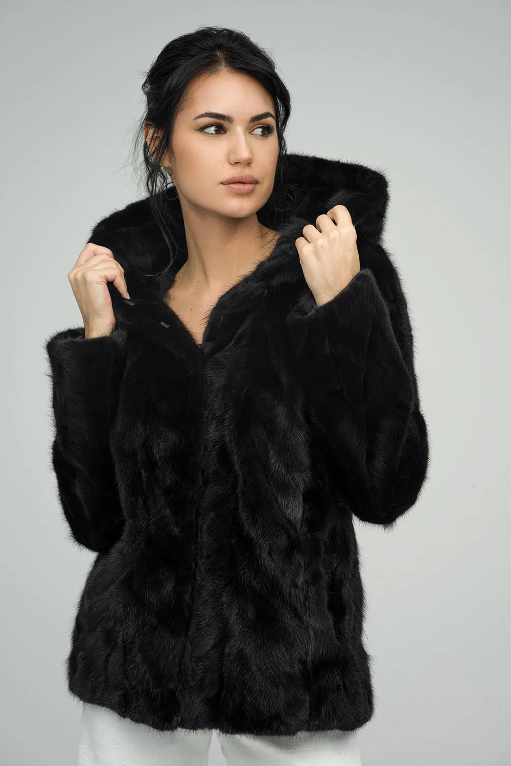 Black Genuine Hooded Mink Fur Coat