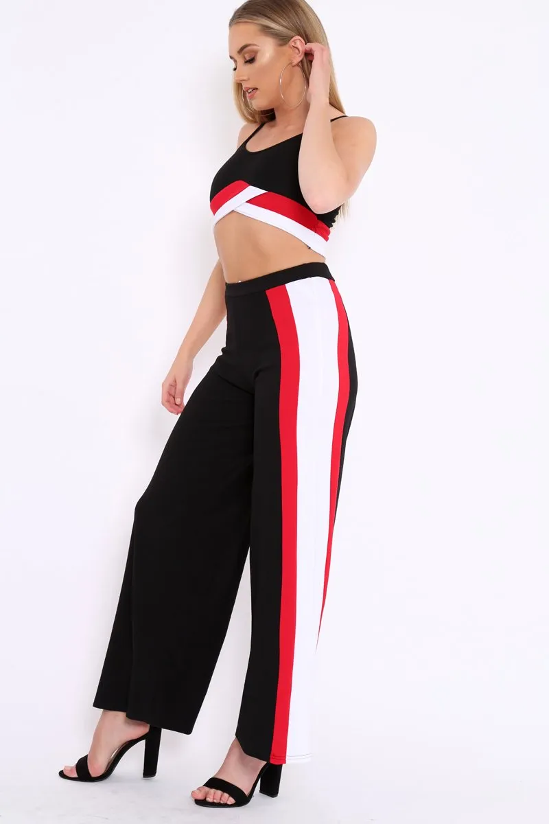 Black High Waist Trousers with Red and White Side Stripes - Enia