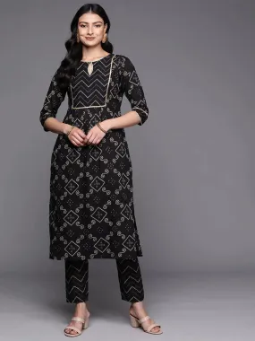 Black Printed Cotton Straight Kurta With Trousers