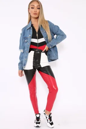 Black Red and White Contrast Faux Leather Trousers - Pax