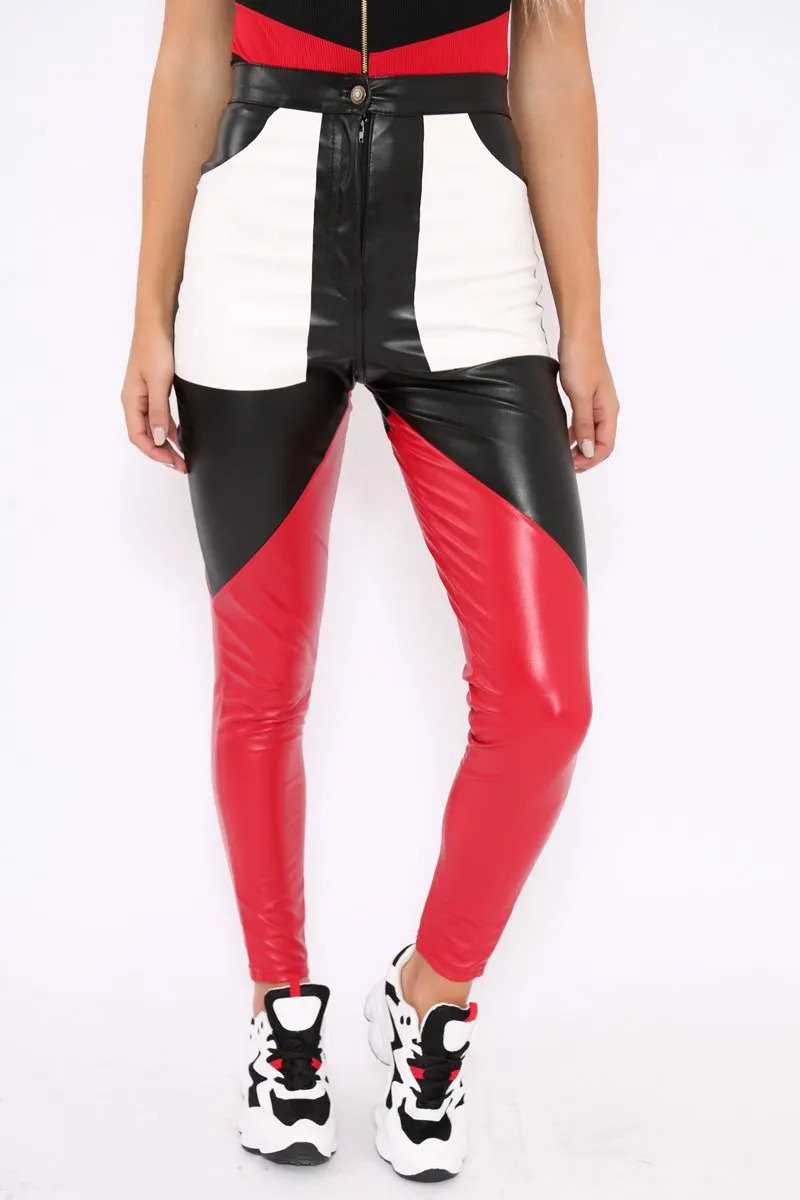 Black Red and White Contrast Faux Leather Trousers - Pax