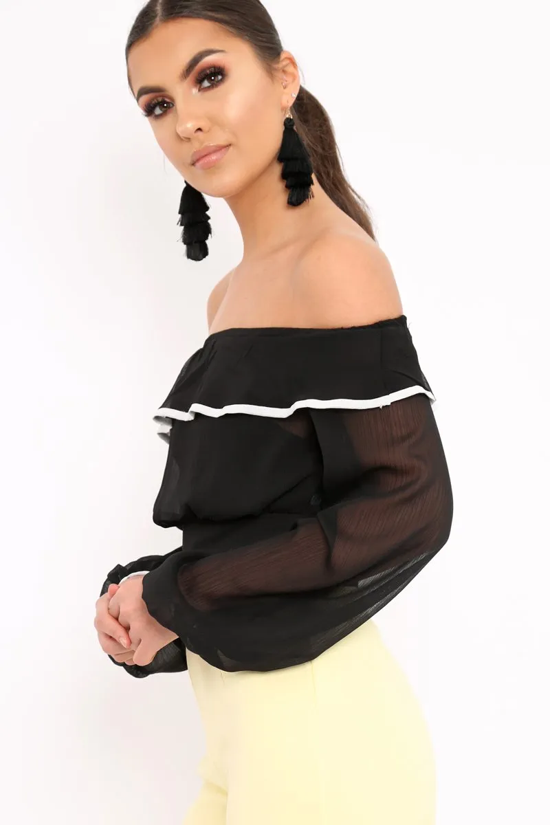 Black Sheer Bardot Crop Top - Pia