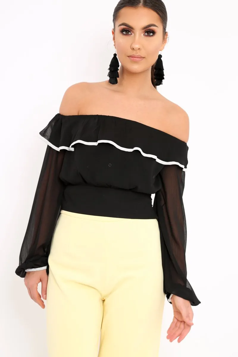 Black Sheer Bardot Crop Top - Pia