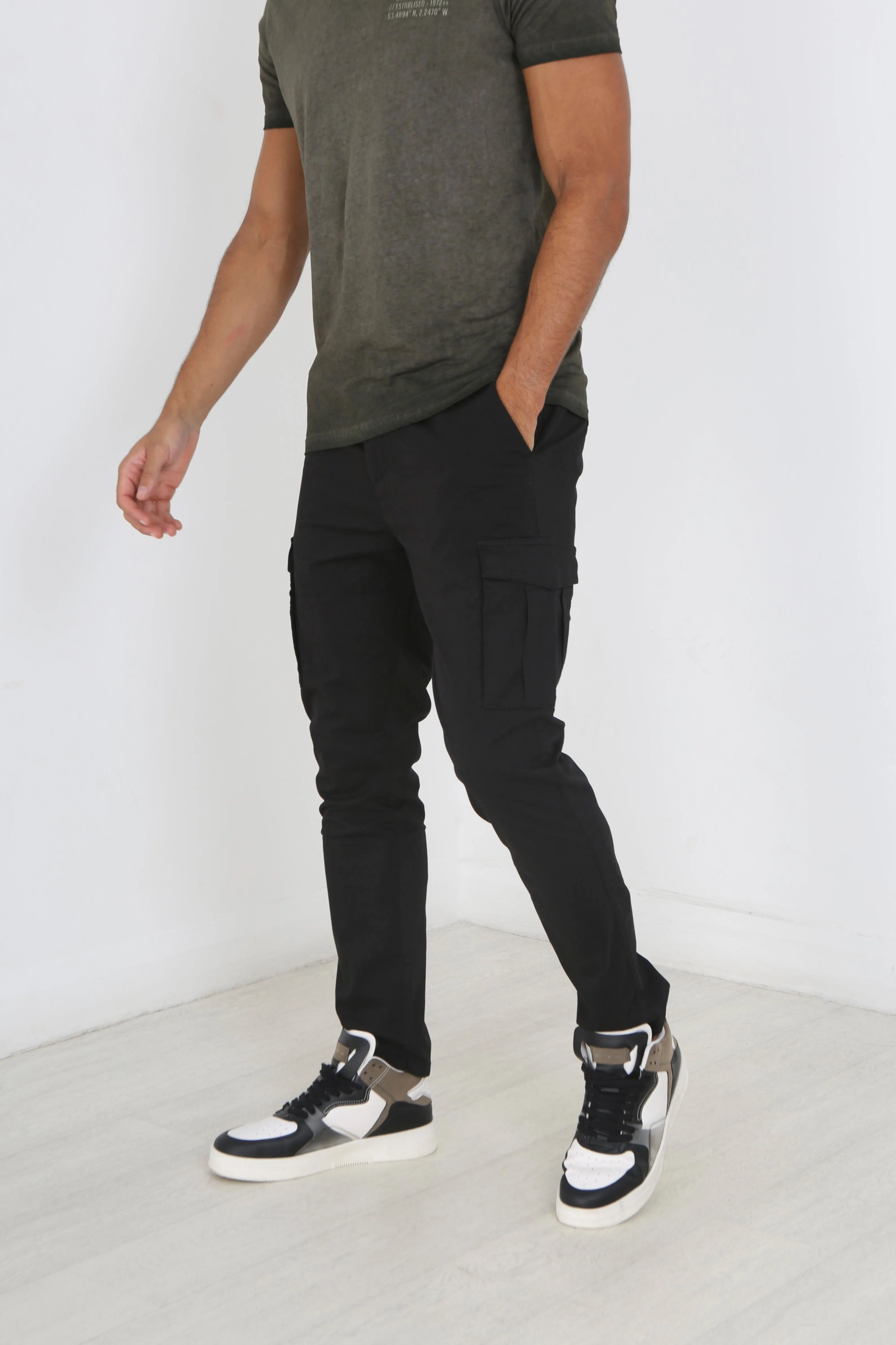 BLACK SLIM FIT CARGO STYLE CHINO TROUSERS