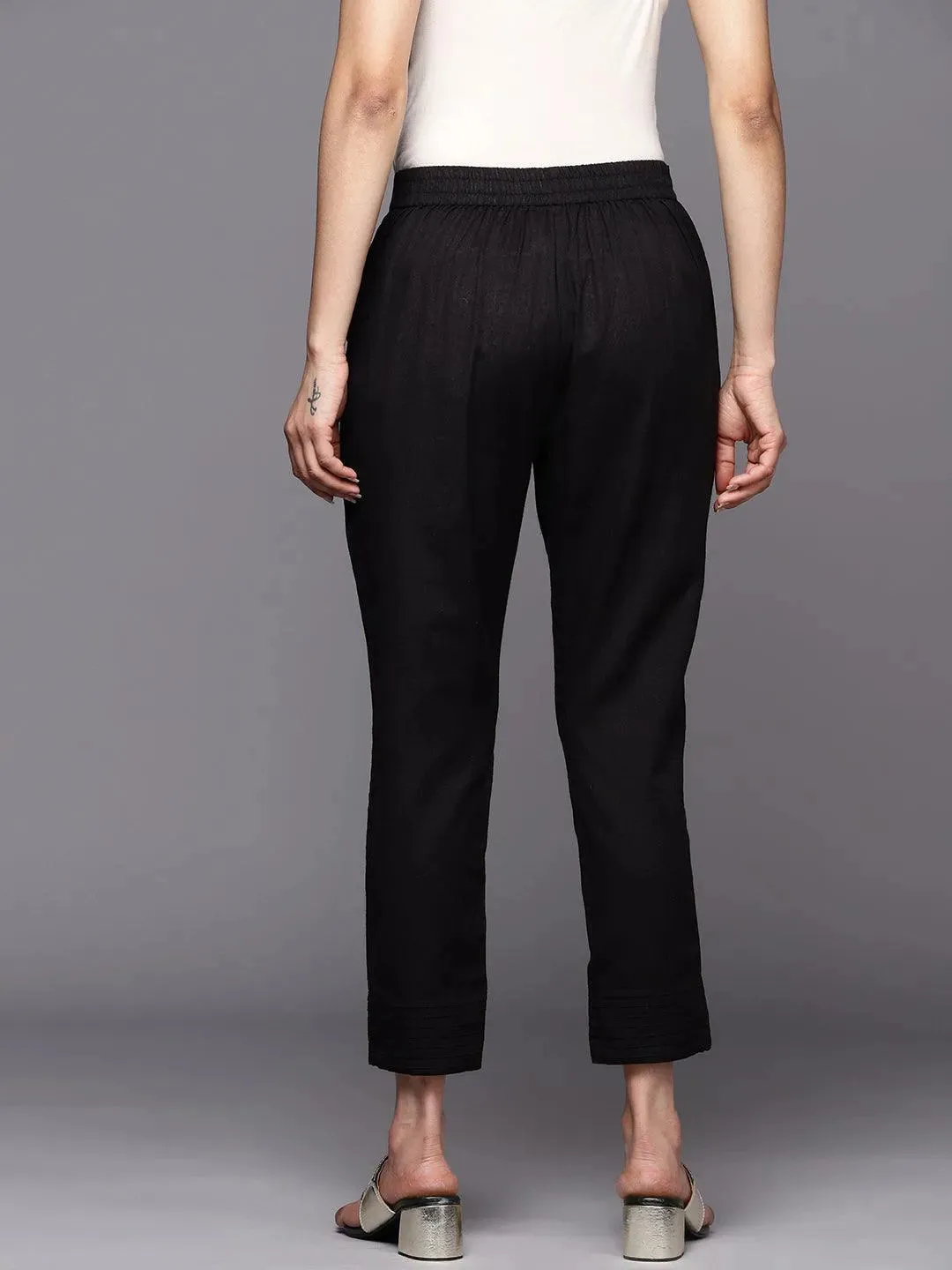 Black Solid Cotton Trousers