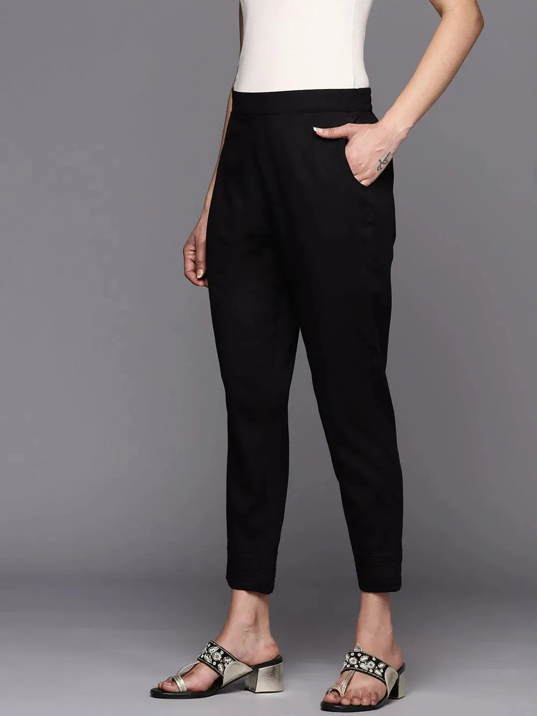 Black Solid Cotton Trousers