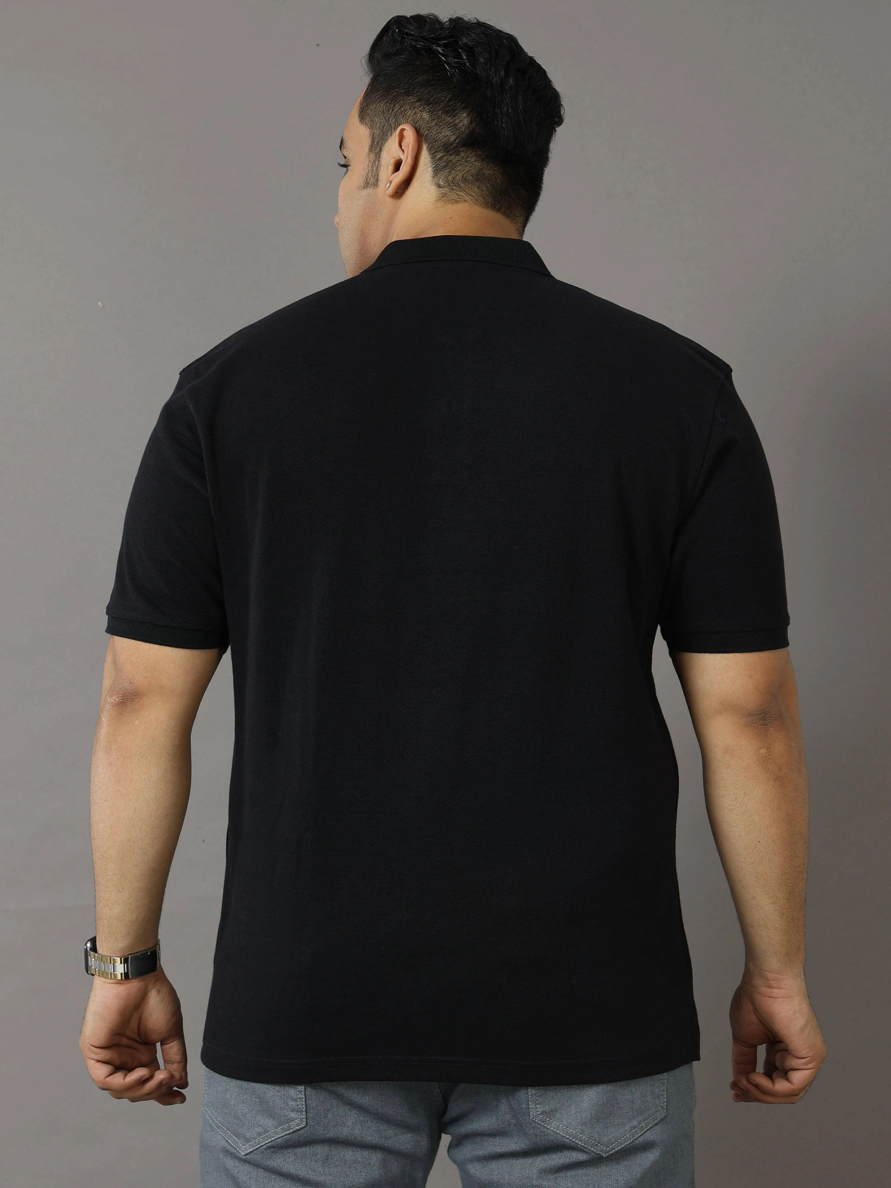 Black Solid Polo Collar Pure Cotton T-SHIRT Men's Plus Size