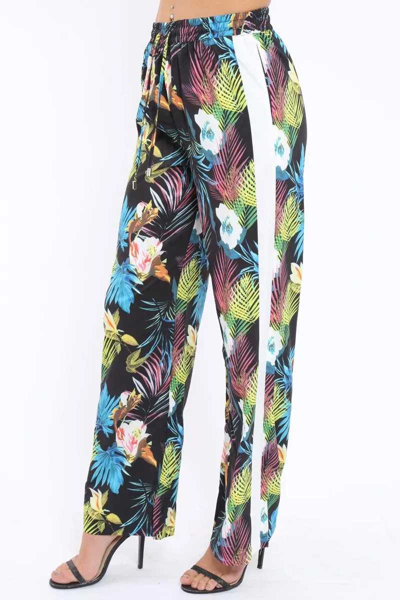 Black Tropical Print Wide Leg Trousers - Ezrie