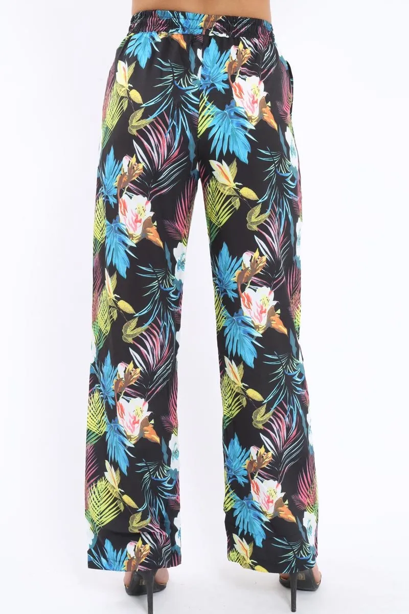 Black Tropical Print Wide Leg Trousers - Ezrie