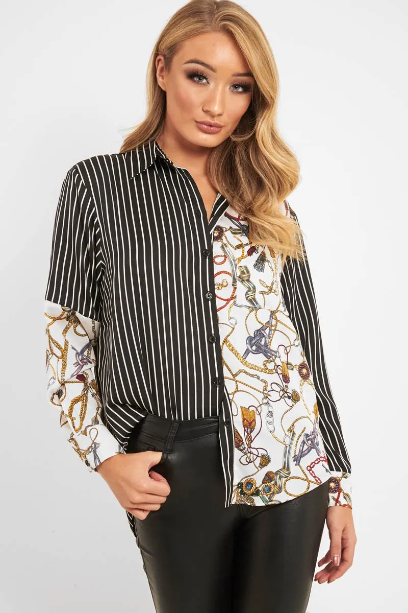 Black White Pinstripe Chain Print Insert Shirt - Georgena