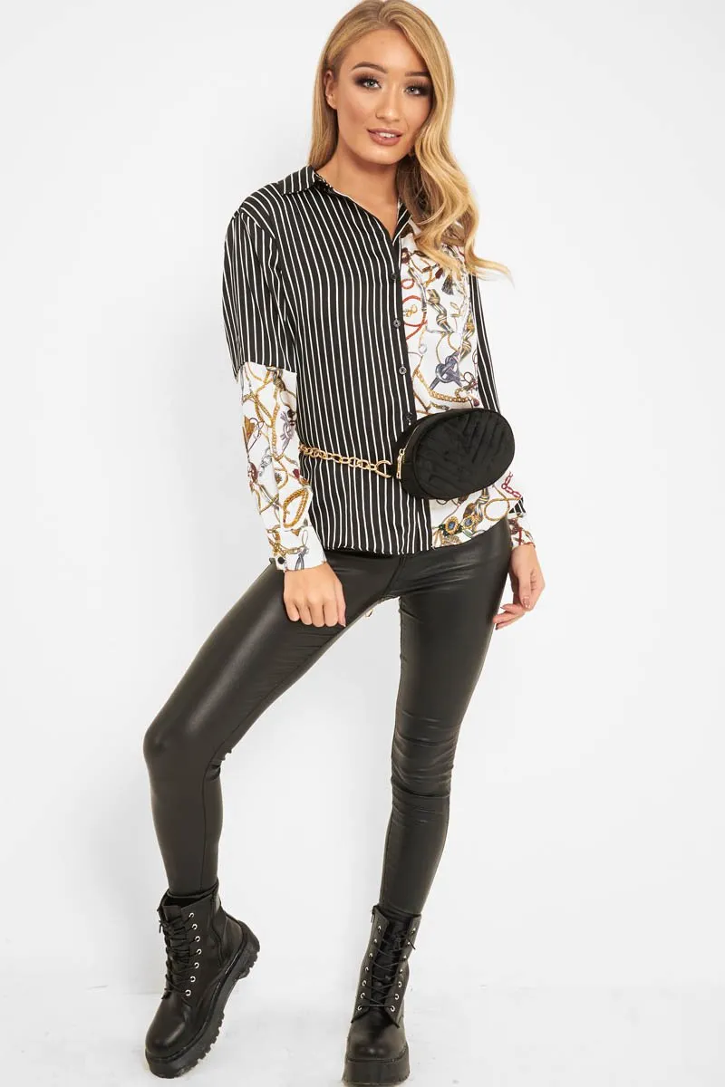 Black White Pinstripe Chain Print Insert Shirt - Georgena