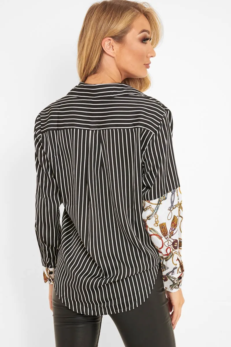 Black White Pinstripe Chain Print Insert Shirt - Georgena