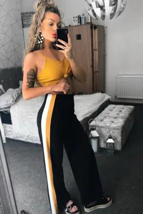 Black with Mustard and White Side Stripe Wide Leg Trousers - Wiley